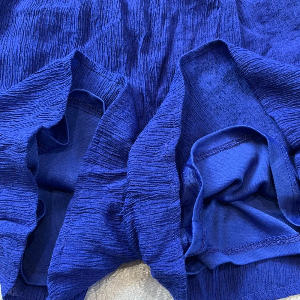 One Clothing Royal Blue Crinkle Plunging Romper Tie Shoulder Open Back Smocked M